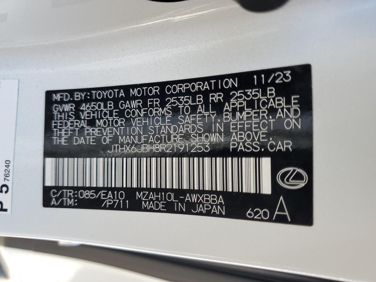 2024 Lexus Ux 250H Base VIN: JTHX6JBH8R2191253 Lot: 81482435