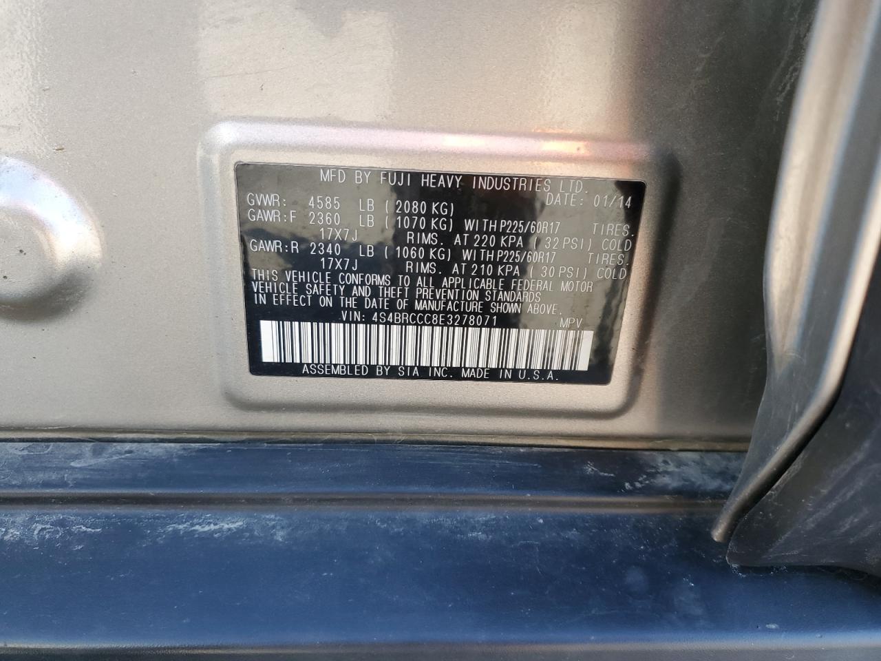 2014 Subaru Outback 2.5I Premium VIN: 4S4BRCCC8E3278071 Lot: 83774175