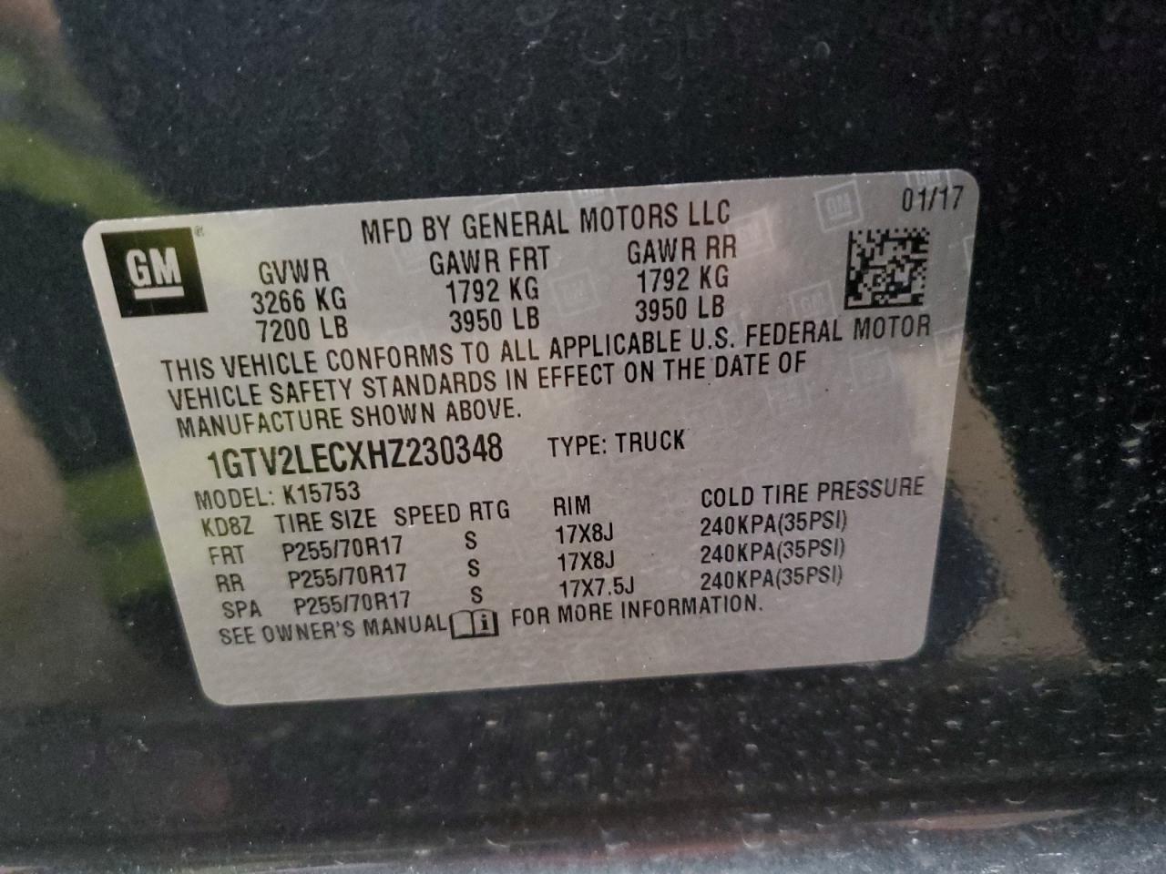 2017 GMC Sierra K1500 VIN: 1GTV2LECXHZ230348 Lot: 83798835