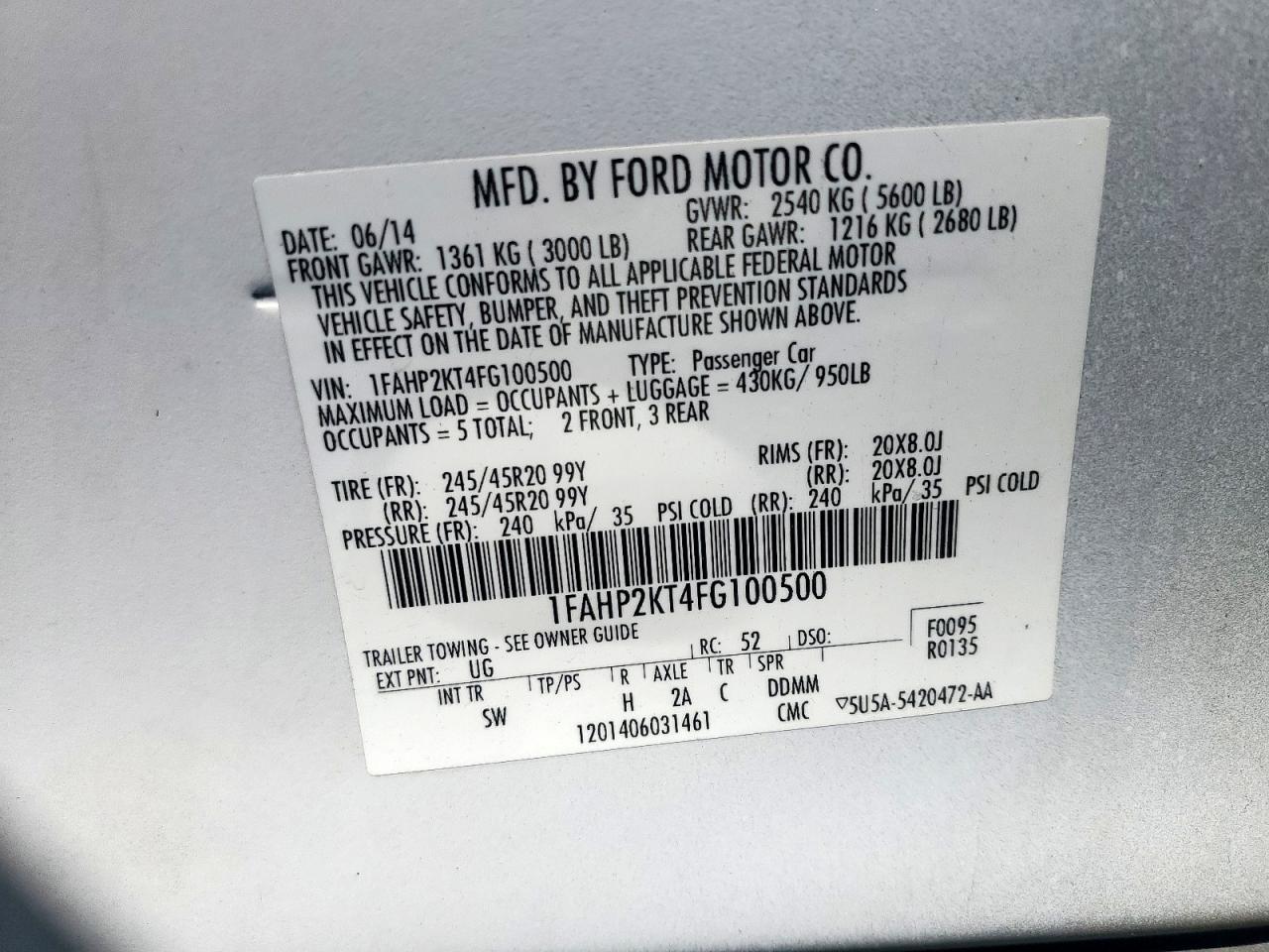 2015 Ford Taurus Sho VIN: 1FAHP2KT4FG100500 Lot: 80731435