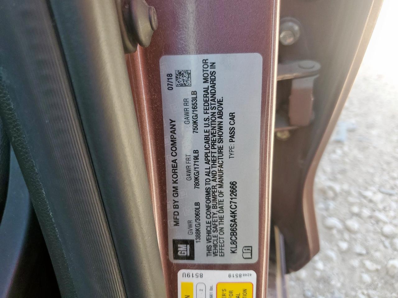 2019 Chevrolet Spark Ls VIN: KL8CB6SA4KC712666 Lot: 84053475