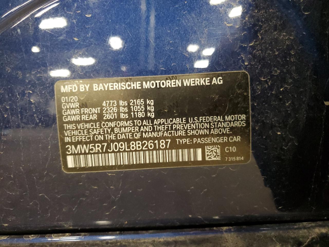 2020 BMW 330Xi VIN: 3MW5R7J09L8B26187 Lot: 83956685
