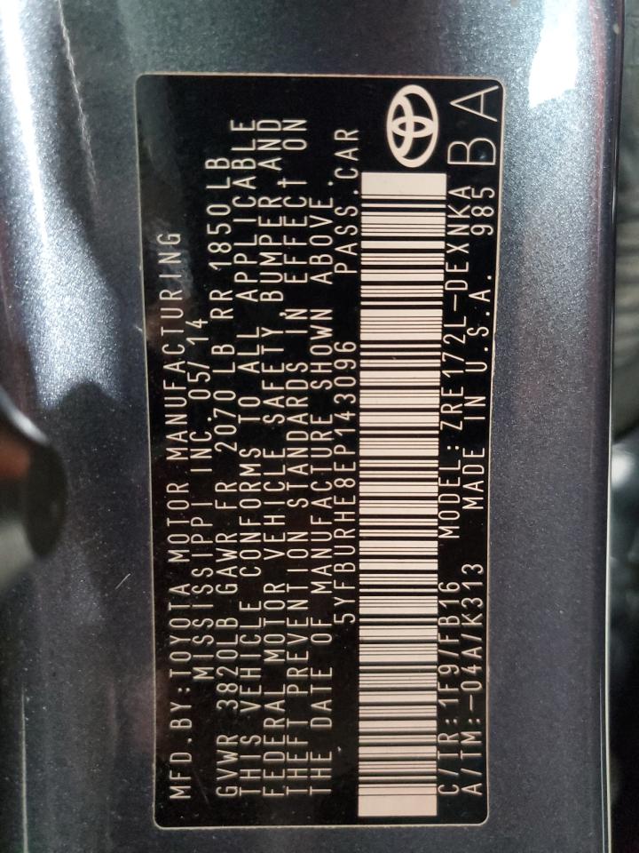 2014 Toyota Corolla L VIN: 5YFBURHE8EP143096 Lot: 81959365