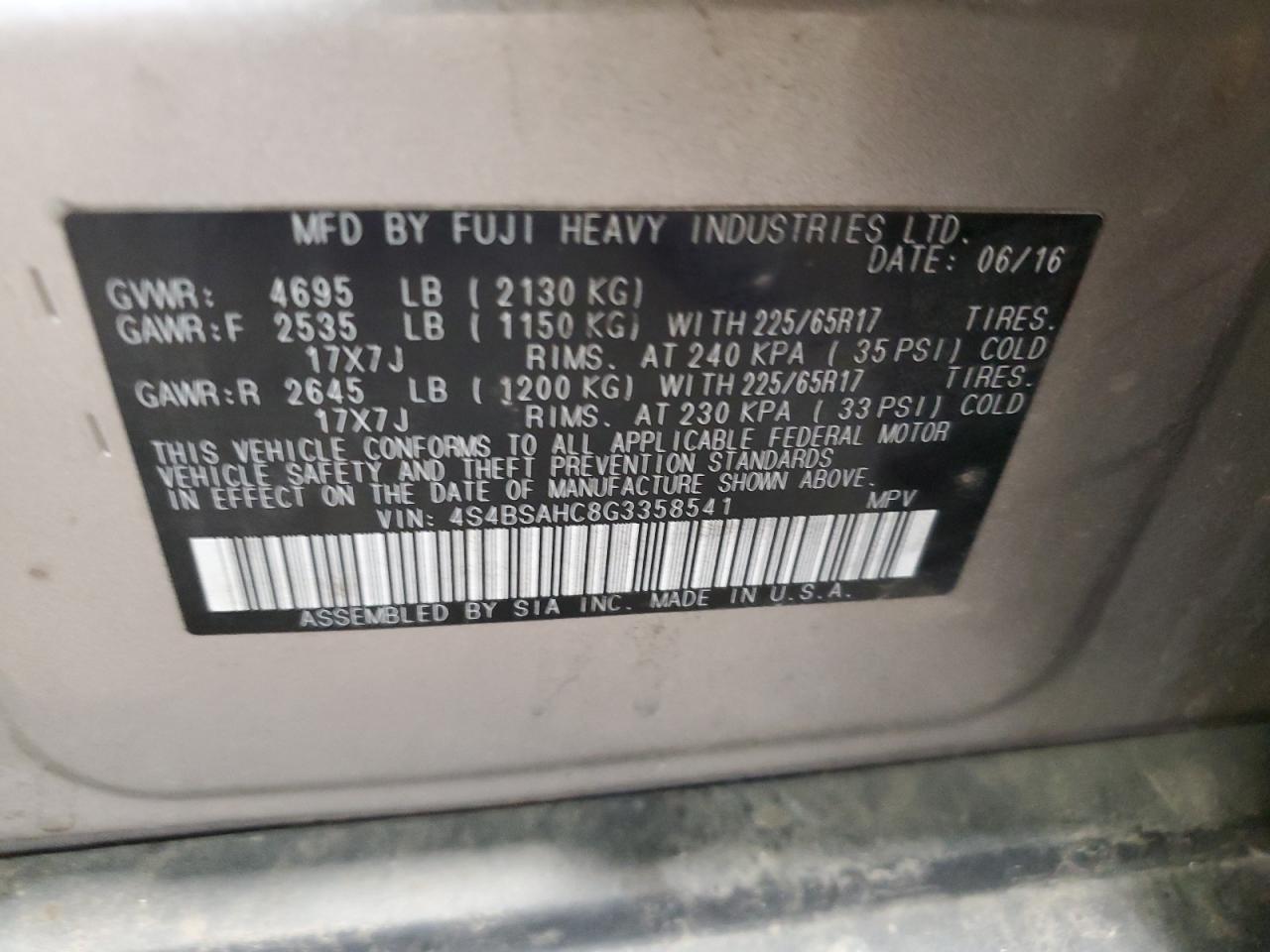 2016 Subaru Outback 2.5I Premium VIN: 4S4BSAHC8G3358541 Lot: 81287045