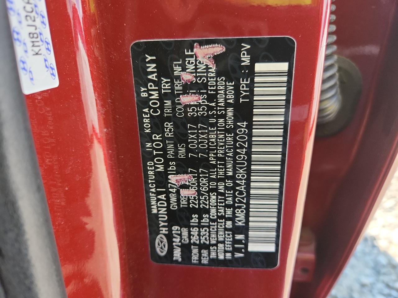 2019 Hyundai Tucson Se VIN: KM8J2CA48KU942094 Lot: 81503765