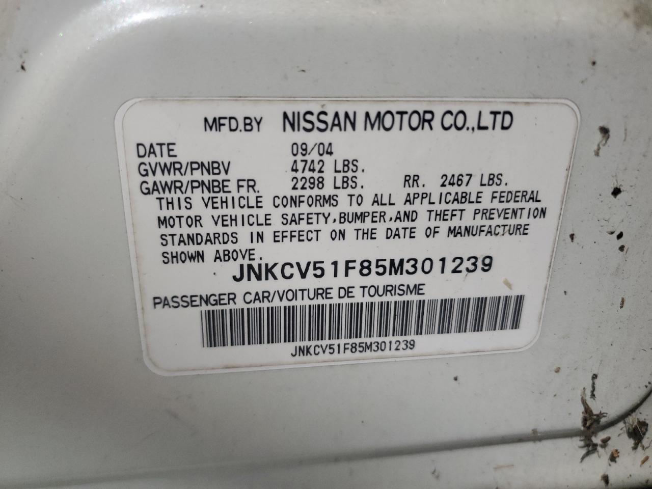 2005 Infiniti G35 VIN: JNKCV51F85M301239 Lot: 83763415