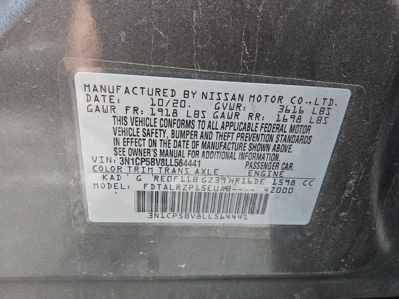 2020 Nissan Kicks S VIN: 3N1CP5BV8LL564441 Lot: 80951415
