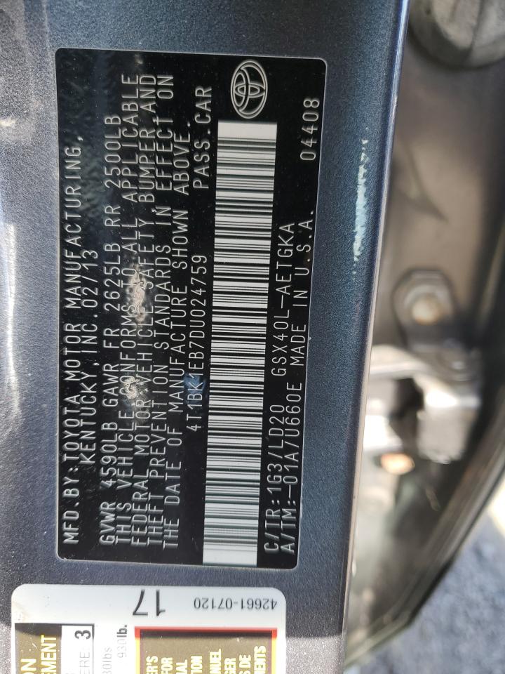 2013 Toyota Avalon Base VIN: 4T1BK1EB7DU024759 Lot: 72021945