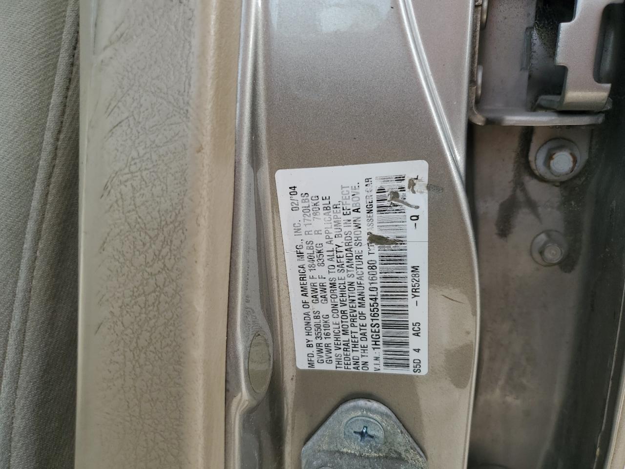 2004 Honda Civic VIN: 1HGES16554L016080 Lot: 80362355