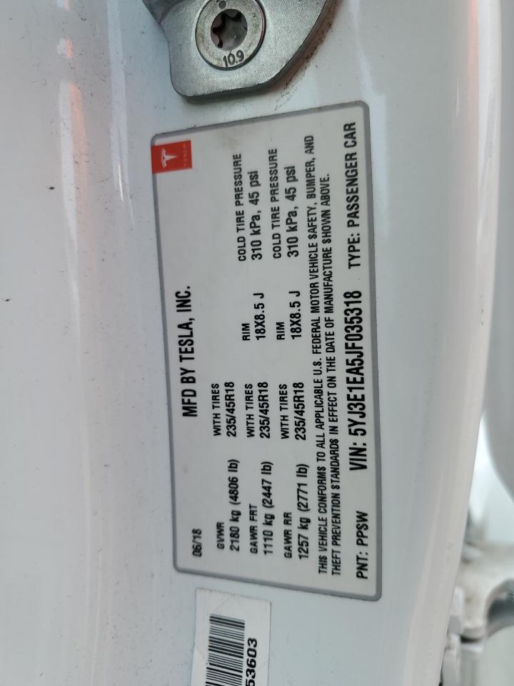 2018 Tesla Model 3 VIN: 5YJ3E1EA5JF035318 Lot: 81348775