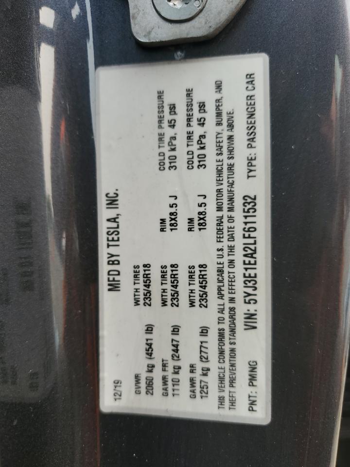 2020 Tesla Model 3 VIN: 5YJ3E1EA2LF611532 Lot: 70090325