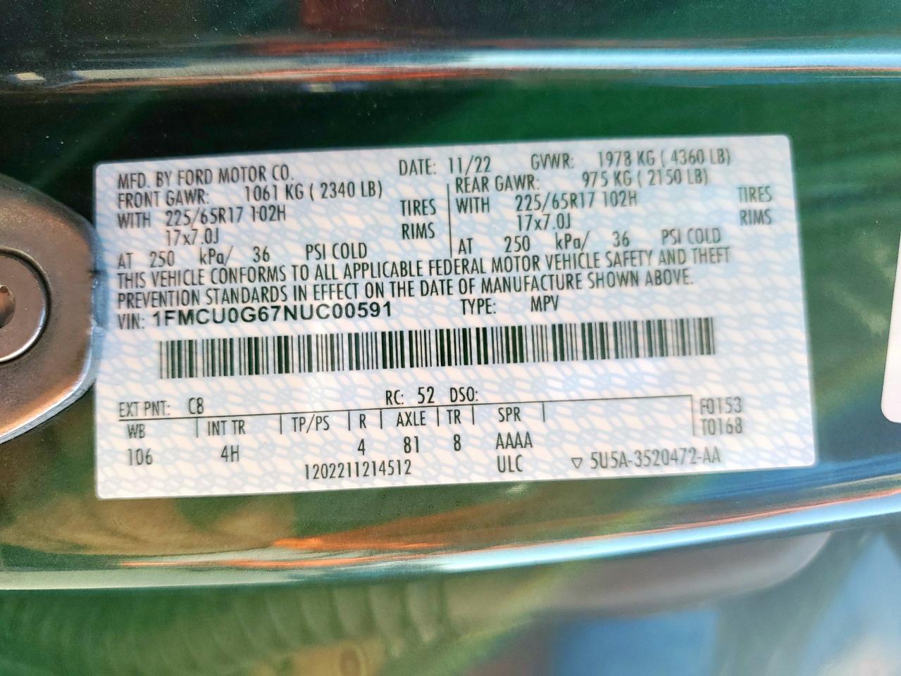 2022 Ford Escape Se VIN: 1FMCU0G67NUC00591 Lot: 80413955