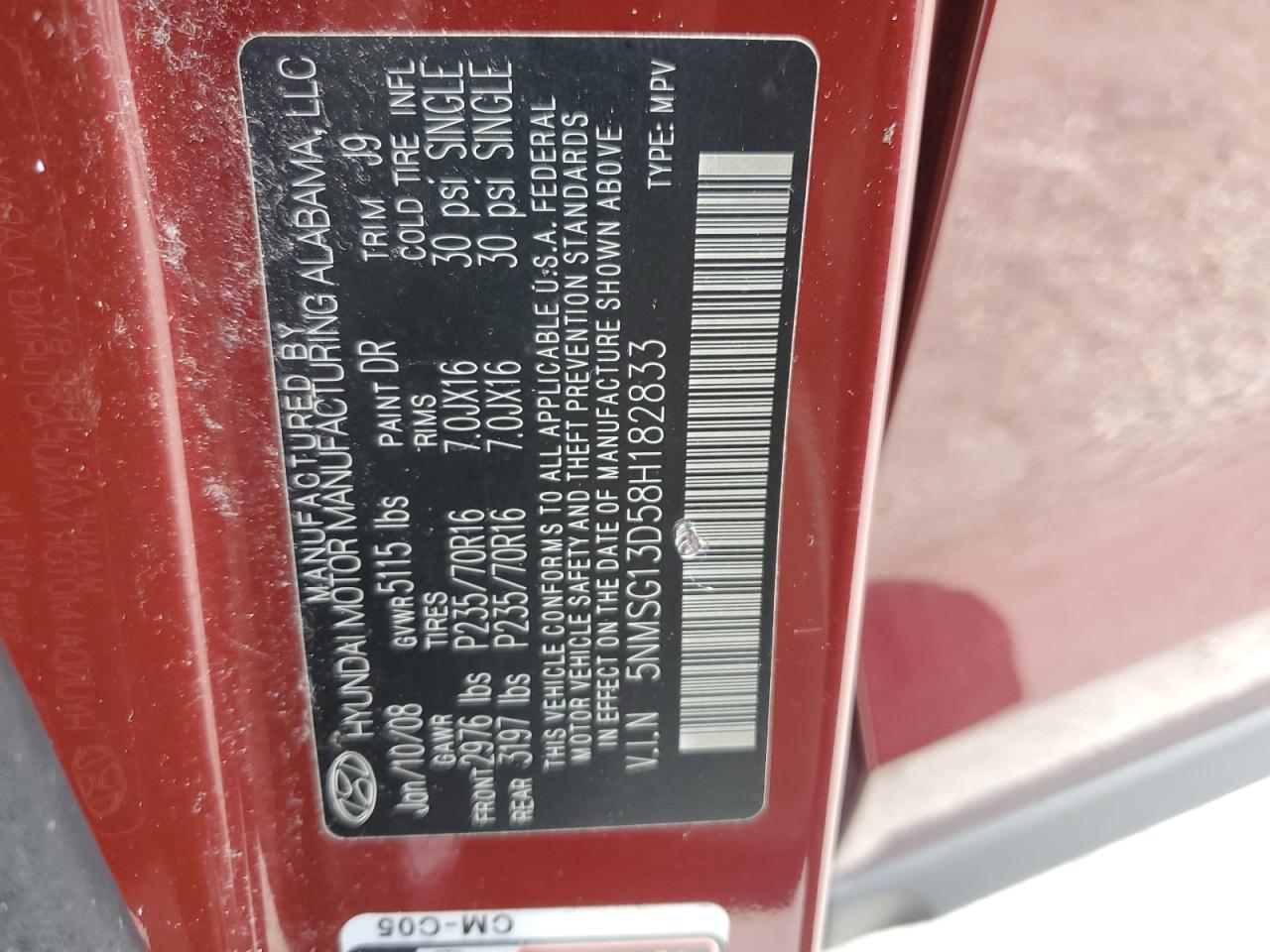 2008 Hyundai Santa Fe Gls VIN: 5NMSG13D58H182833 Lot: 81699945