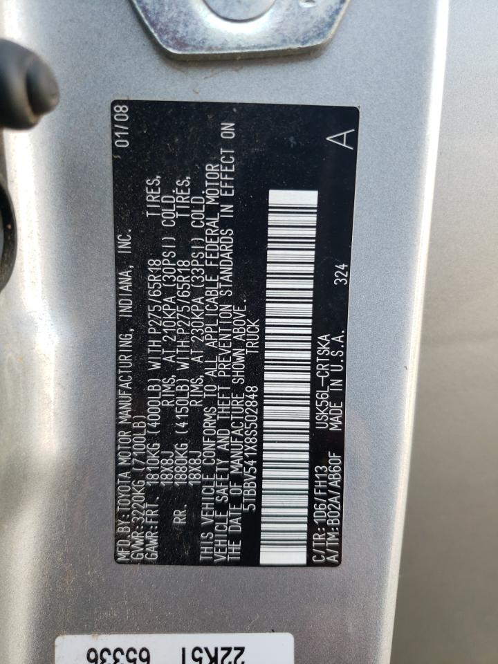 2008 Toyota Tundra Double Cab VIN: 5TBBV541X8S502848 Lot: 80068905