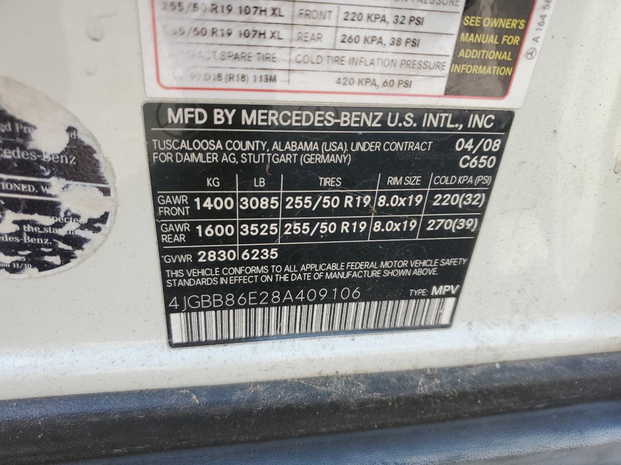 2008 Mercedes-Benz Ml 350 VIN: 4JGBB86E28A409106 Lot: 82092235