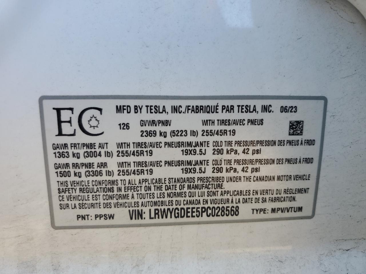 2023 Tesla Model Y VIN: LRWYGDEE5PC028568 Lot: 80392465