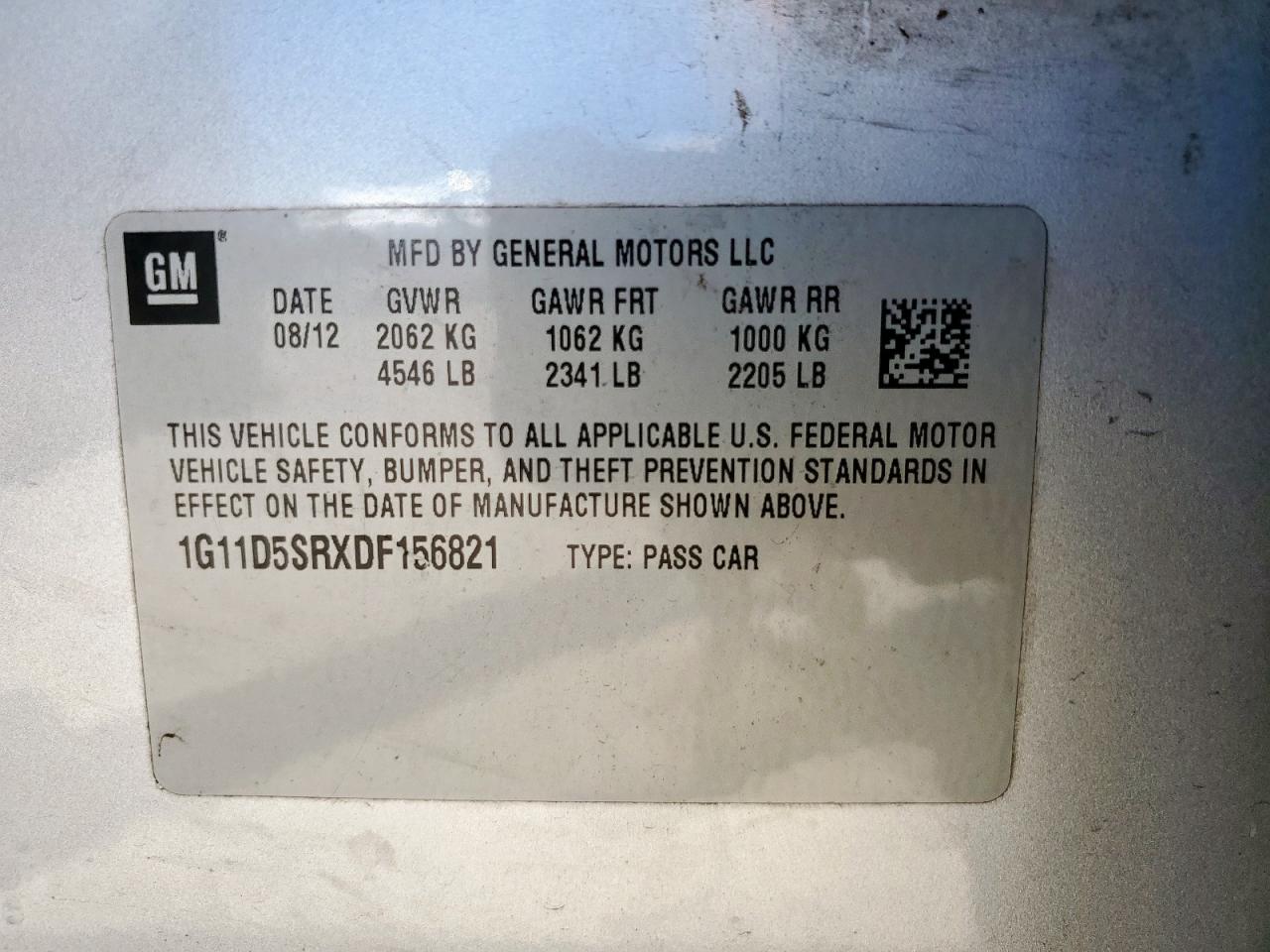 2013 Chevrolet Malibu 1Lt VIN: 1G11D5SRXDF156821 Lot: 80148165