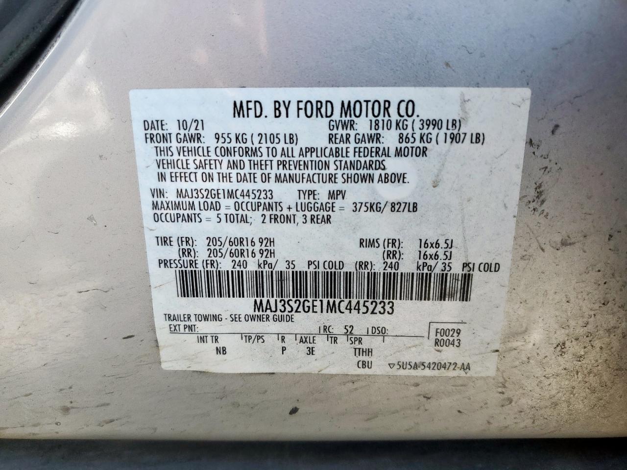 2021 Ford Ecosport Se VIN: MAJ3S2GE1MC445233 Lot: 80457765