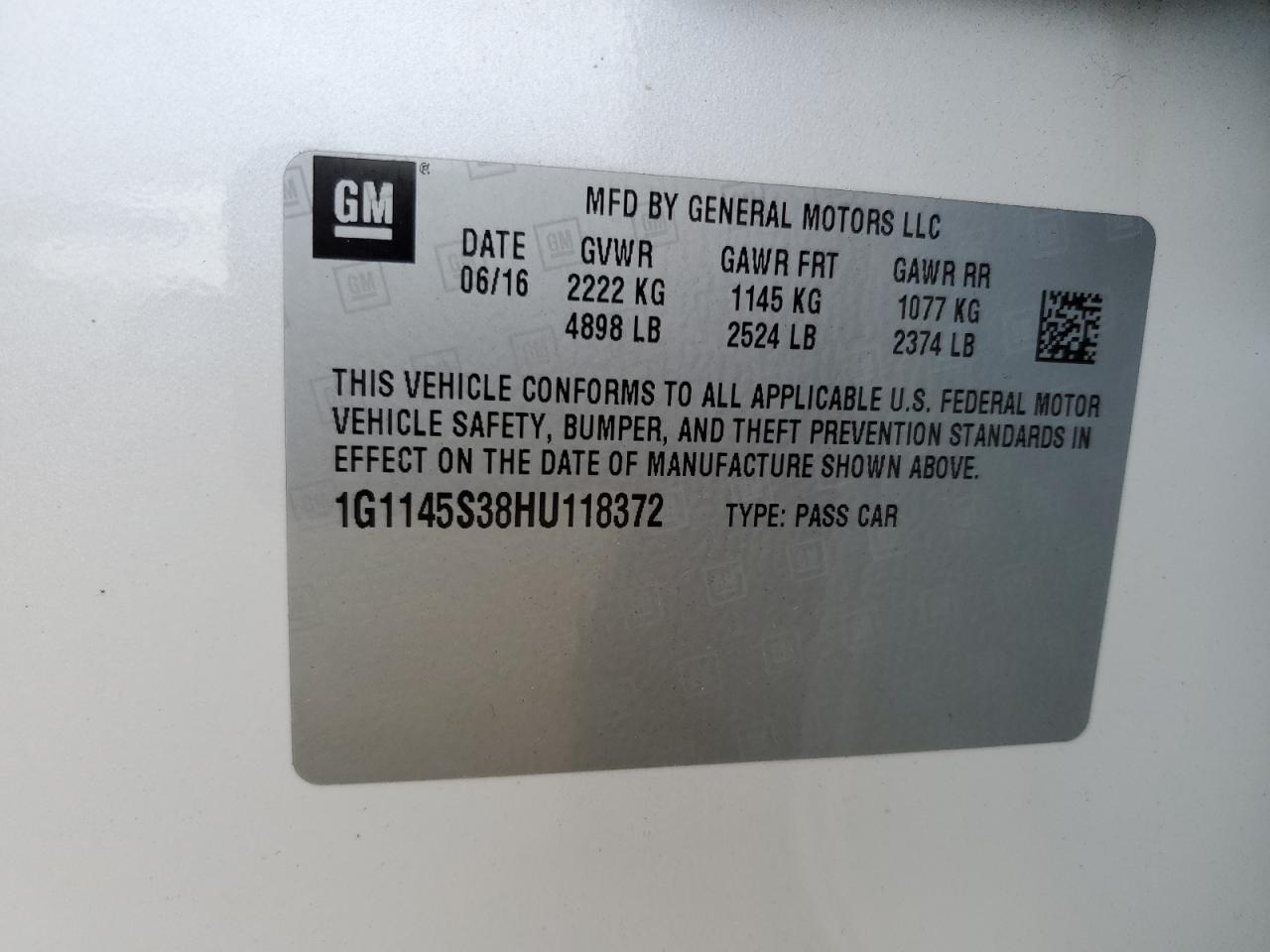 2017 Chevrolet Impala Premier VIN: 1G1145S38HU118372 Lot: 72096185