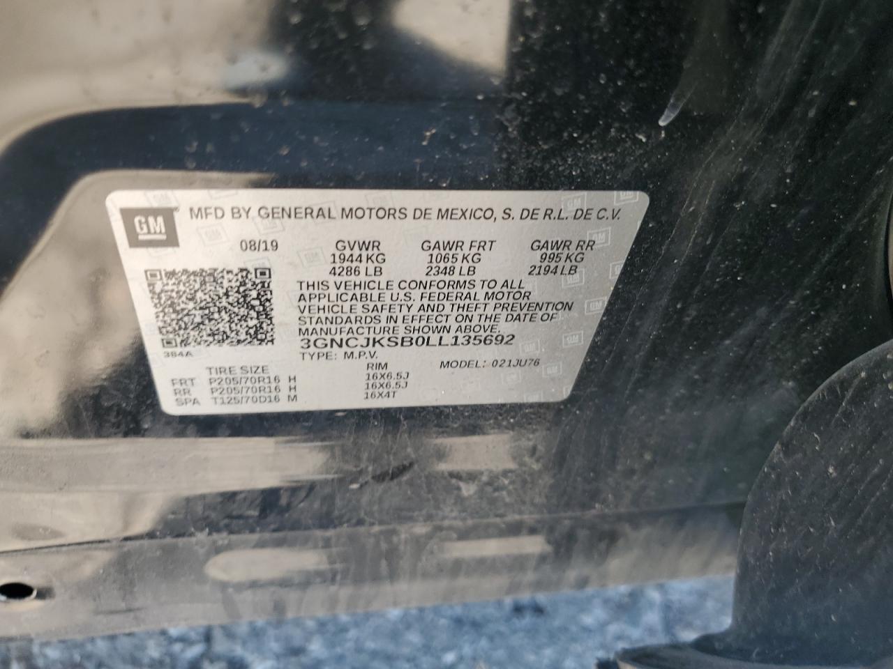 2020 Chevrolet Trax Ls VIN: 3GNCJKSB0LL135692 Lot: 84455385