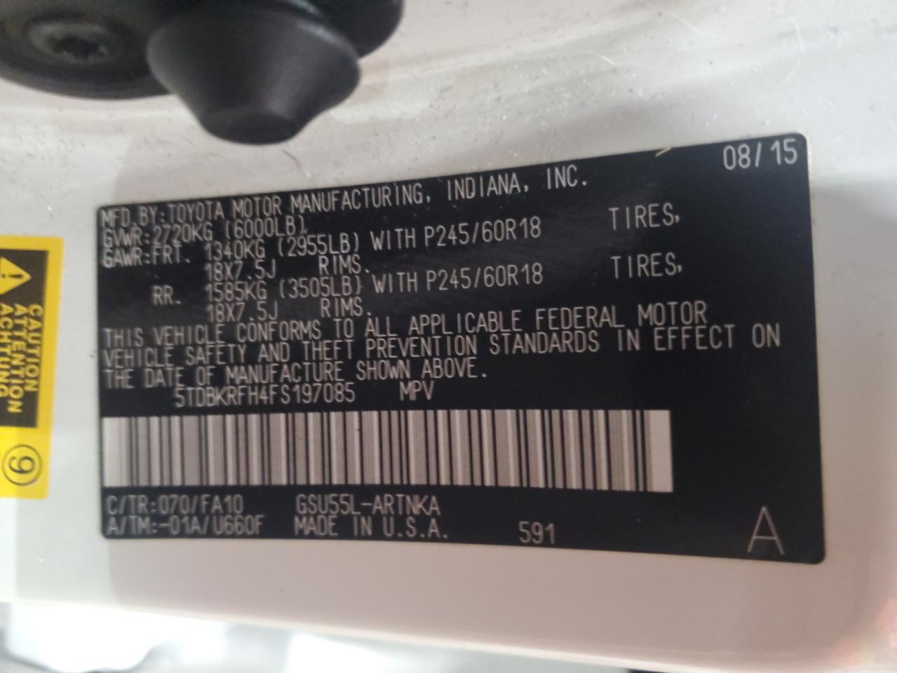 2015 Toyota Highlander Le VIN: 5TDBKRFH4FS197085 Lot: 70947085