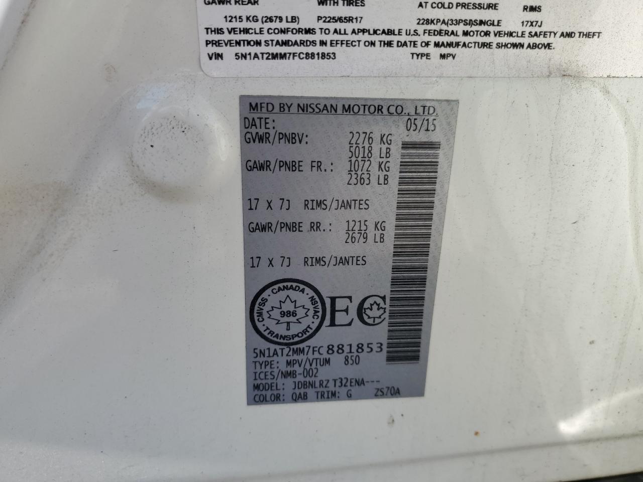 2015 Nissan Rogue S VIN: 5N1AT2MM7FC881853 Lot: 80718505