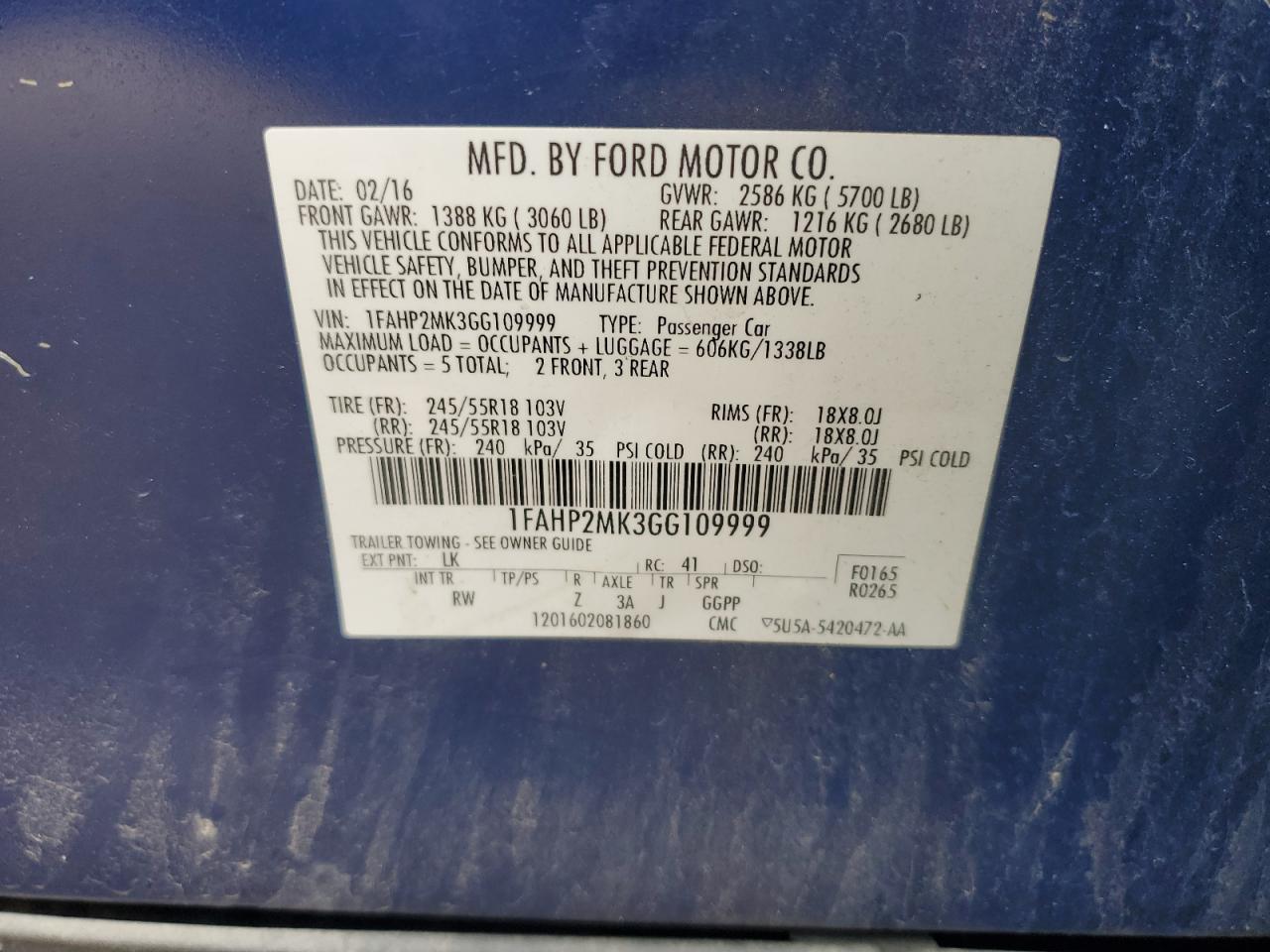 2016 Ford Taurus Police Interceptor VIN: 1FAHP2MK3GG109999 Lot: 81476545