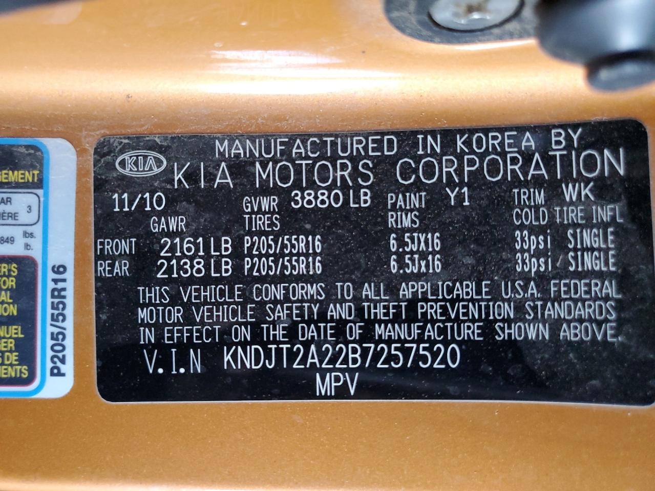 2011 Kia Soul + VIN: KNDJT2A22B7257520 Lot: 80085115