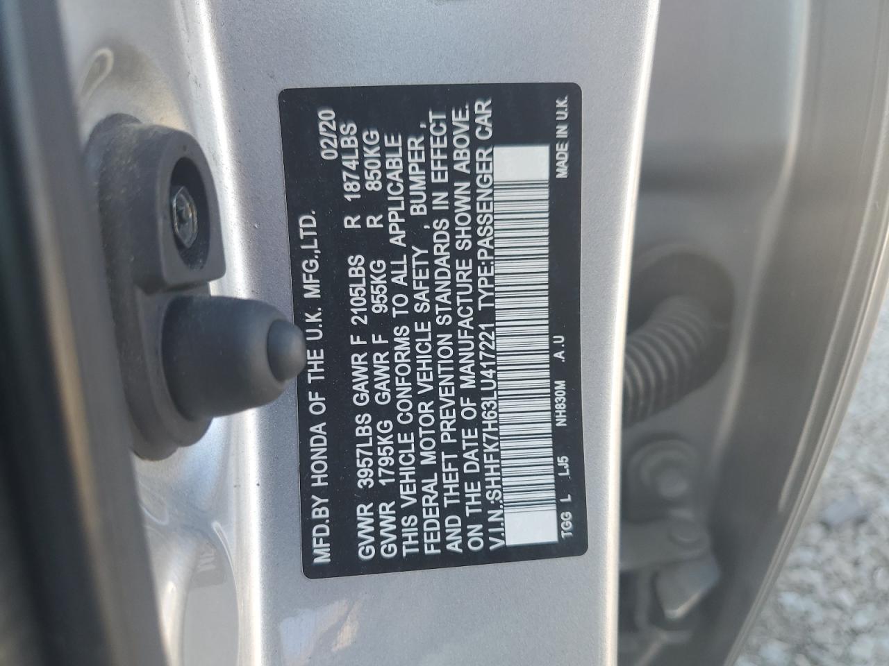 2020 Honda Civic Ex VIN: SHHFK7H63LU417221 Lot: 80644415