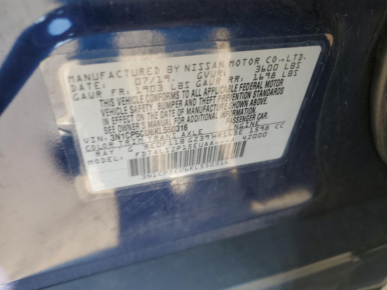 2019 Nissan Kicks S VIN: 3N1CP5CU6KL550316 Lot: 81908735