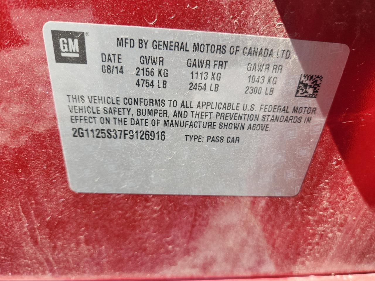 2015 Chevrolet Impala Lt VIN: 2G1125S37F9126916 Lot: 80273705