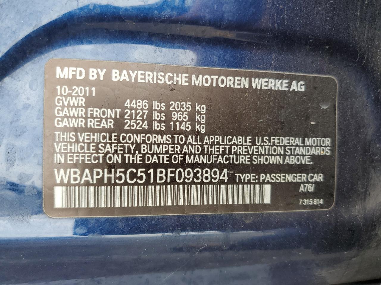 2011 BMW 328 I Sulev VIN: WBAPH5C51BF093894 Lot: 81555985