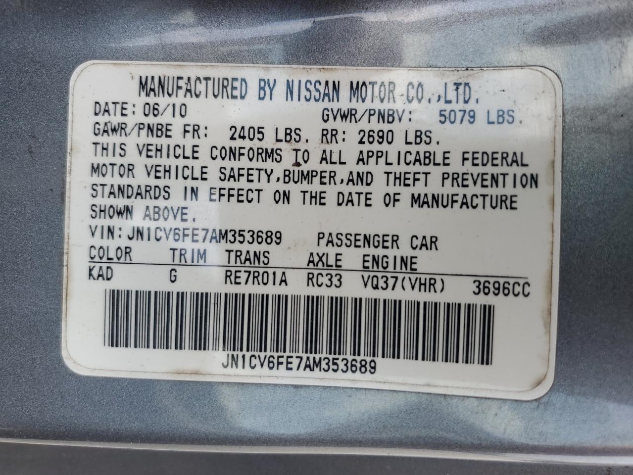 2010 Infiniti G37 Base VIN: JN1CV6FE7AM353689 Lot: 83973415