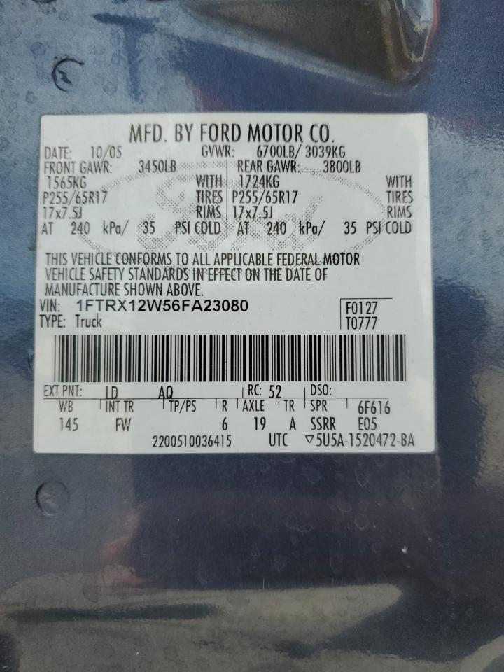 2006 Ford F150 VIN: 1FTRX12W56FA23080 Lot: 83845495