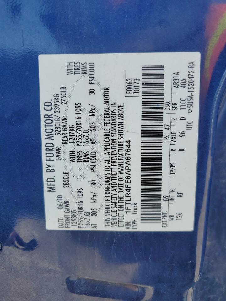 2010 Ford Ranger Super Cab VIN: 1FTLR4FE6APA67644 Lot: 81045915