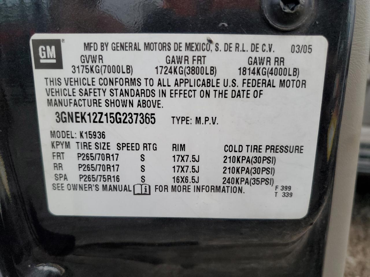 2005 Chevrolet Avalanche K1500 VIN: 3GNEK12Z15G237365 Lot: 72067355