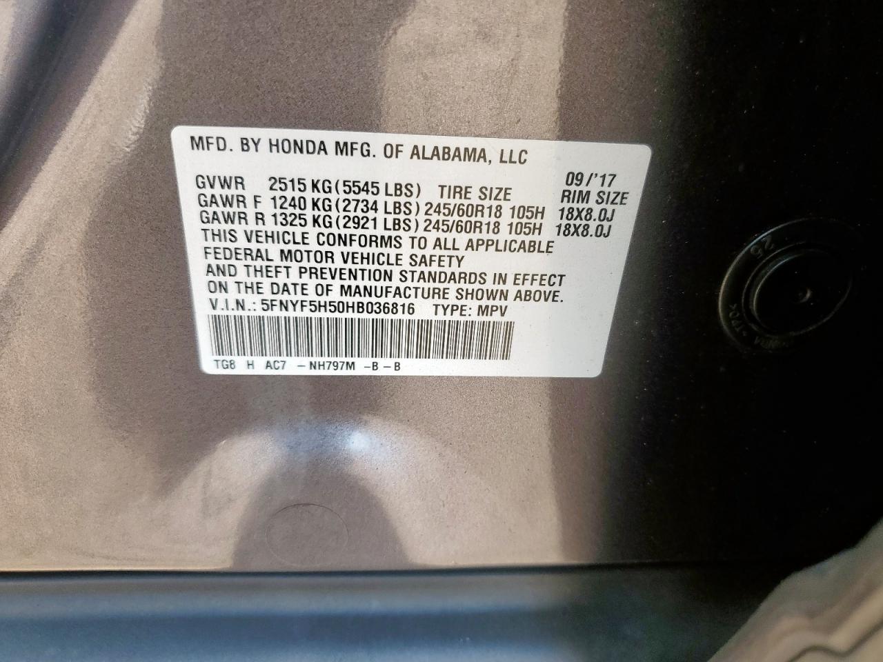 2017 Honda Pilot Exl VIN: 5FNYF5H50HB036816 Lot: 80192545