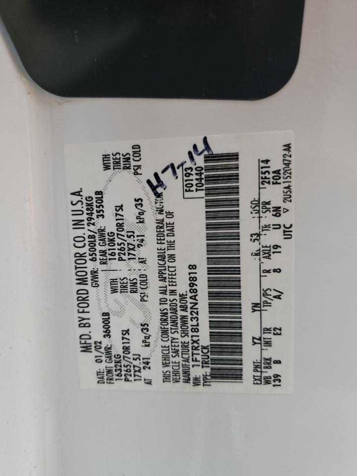 2002 Ford F150 VIN: 1FTRX18L32NA89818 Lot: 81141235