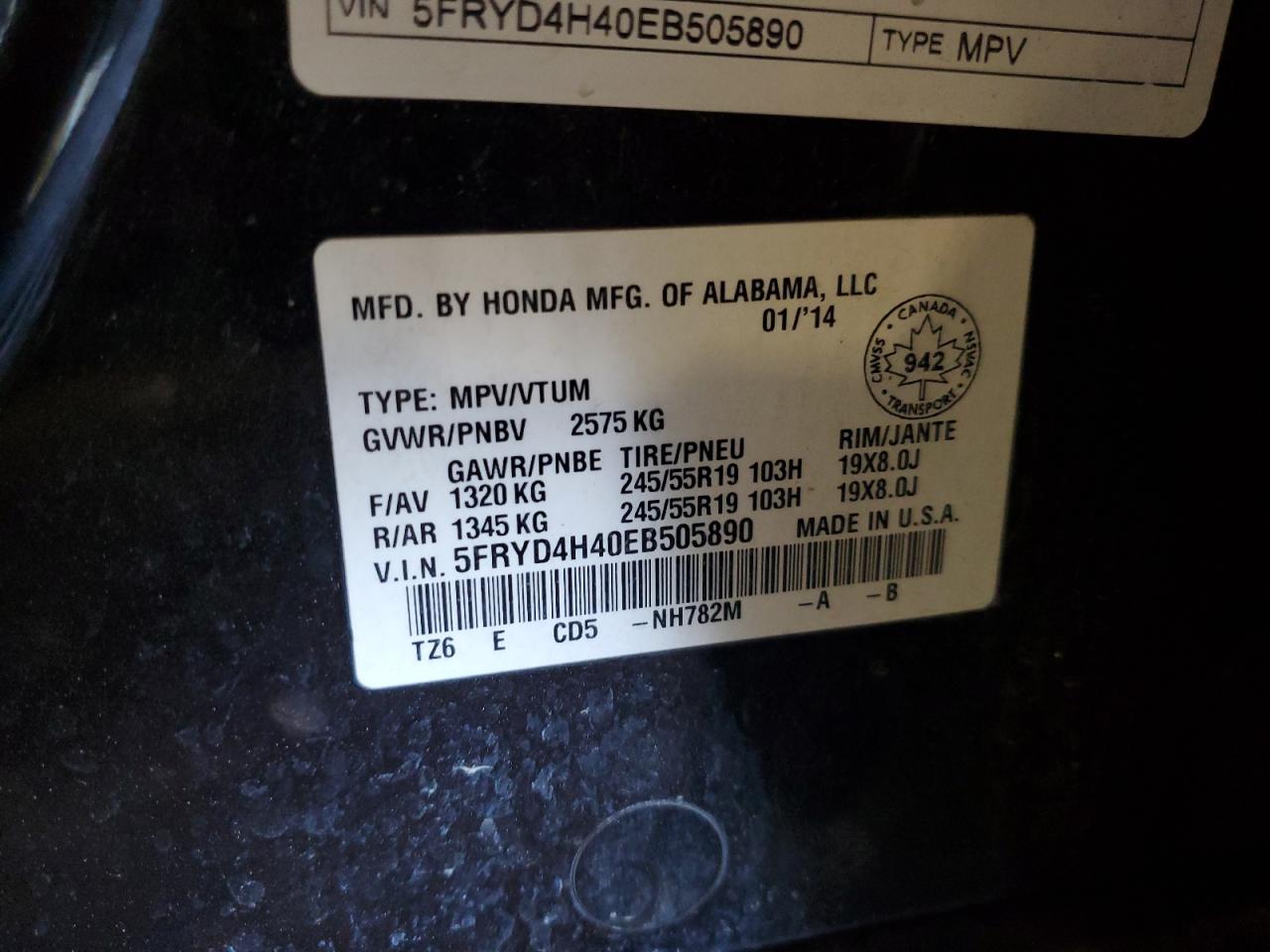 2014 Acura Mdx Technology VIN: 5FRYD4H40EB505890 Lot: 81254665