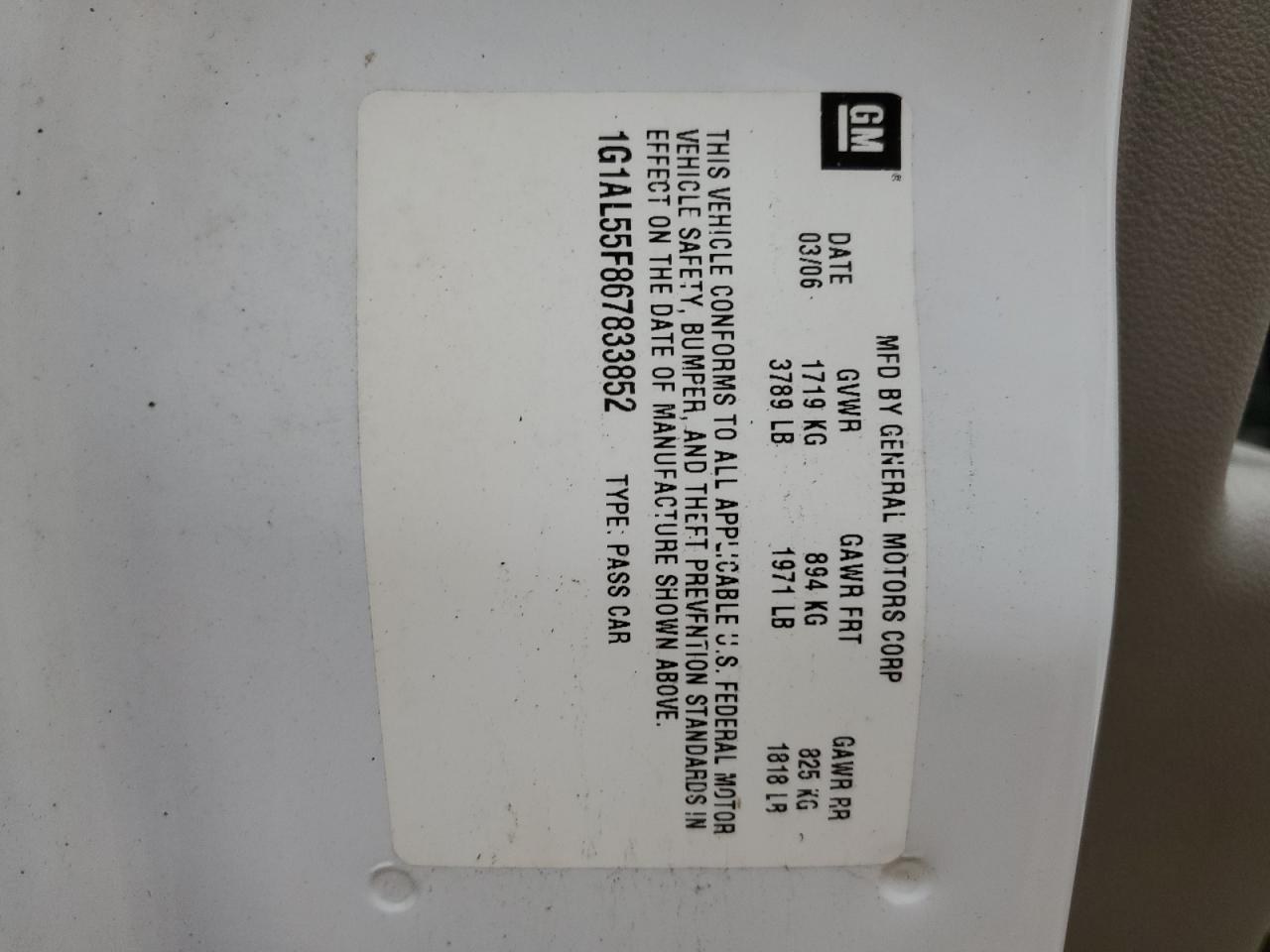 2006 Chevrolet Cobalt Lt VIN: 1G1AL55F867833852 Lot: 80459425