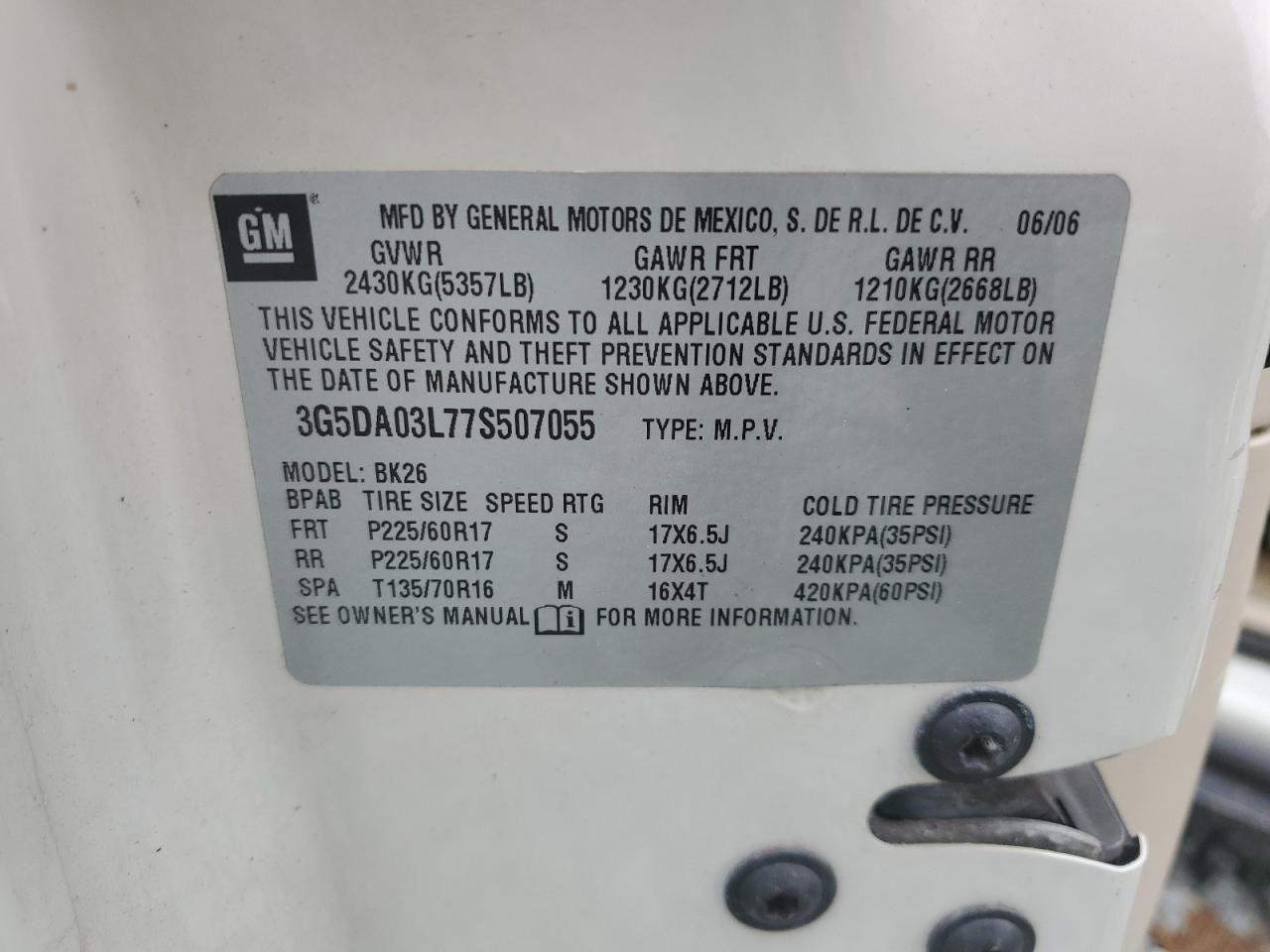 2007 Buick Rendezvous Cx VIN: 3G5DA03L77S507055 Lot: 81958805