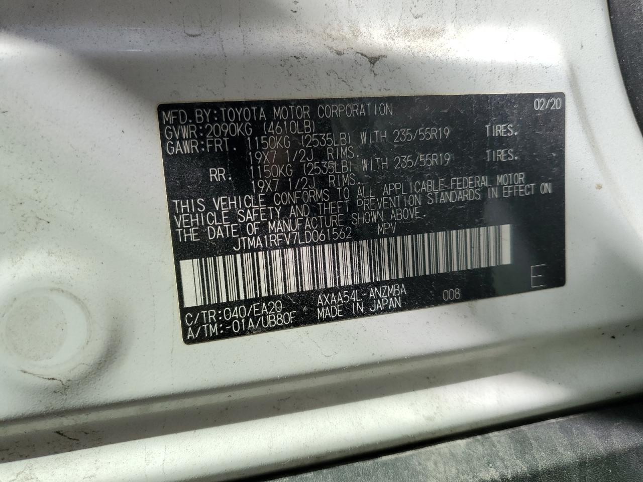 2020 Toyota Rav4 Xle Premium VIN: JTMA1RFV7LD061562 Lot: 71393385