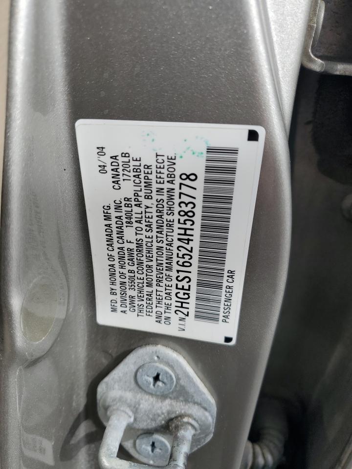 2004 Honda Civic Lx VIN: 2HGES16524H583778 Lot: 71868865