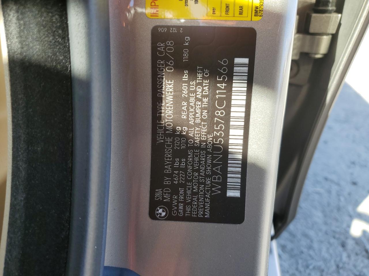 2008 BMW 528 I VIN: WBANU53578C114566 Lot: 81333965