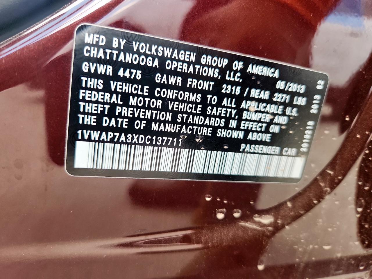 2013 Volkswagen Passat S VIN: 1VWAP7A3XDC137711 Lot: 82100695