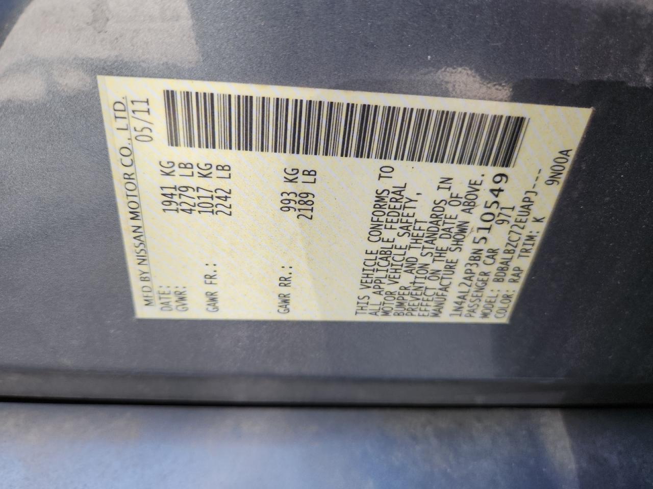 2011 Nissan Altima Base VIN: 1N4AL2AP3BN510549 Lot: 71627195