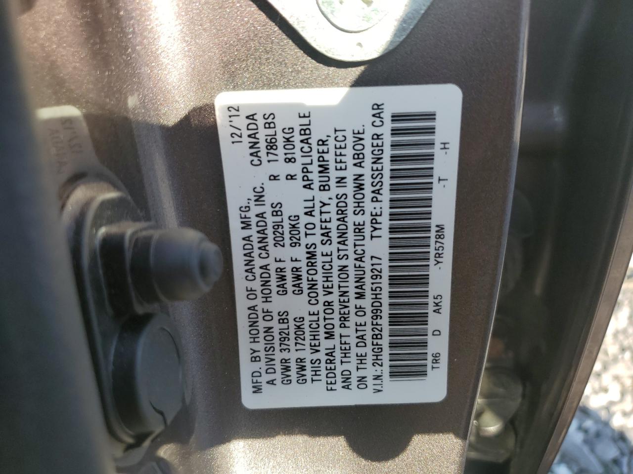 2013 Honda Civic Exl VIN: 2HGFB2F99DH519217 Lot: 71853115