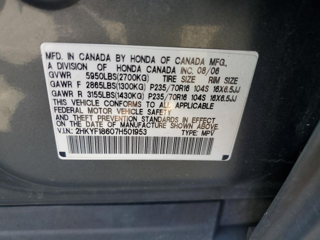 2007 Honda Pilot Exl VIN: 2HKYF18607H501953 Lot: 72103245
