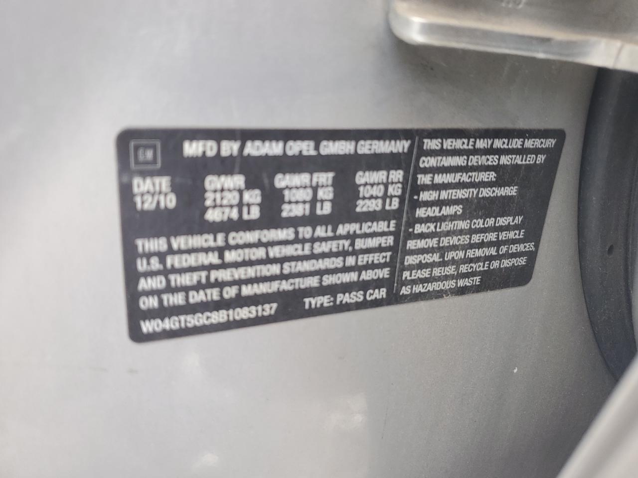 2011 Buick Regal Cxl VIN: W04GT5GC8B1083137 Lot: 71527005