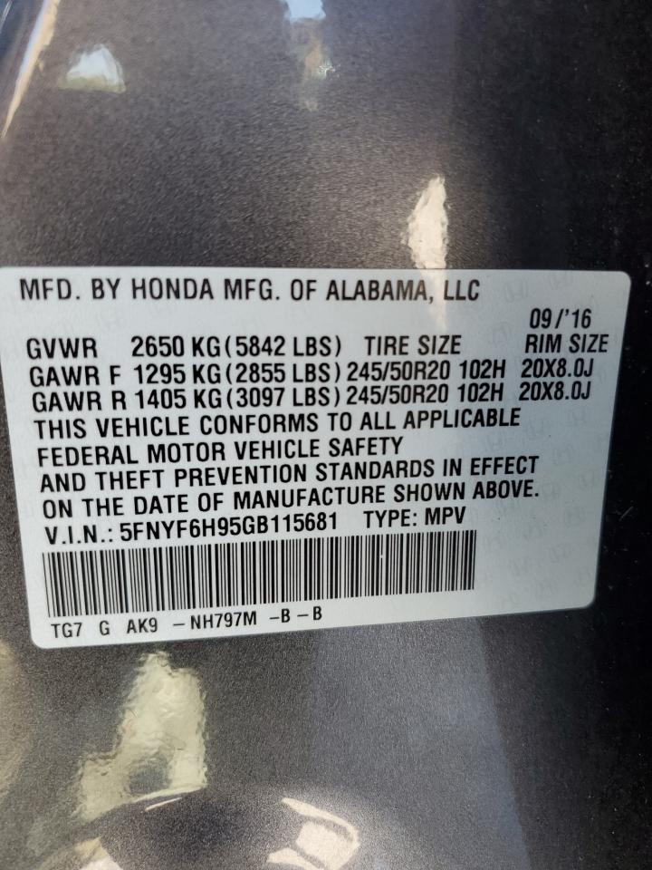 2016 Honda Pilot Touring VIN: 5FNYF6H95GB115681 Lot: 84258025